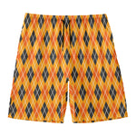 Orange Halloween Argyle Pattern Print Men's Swim Trunks