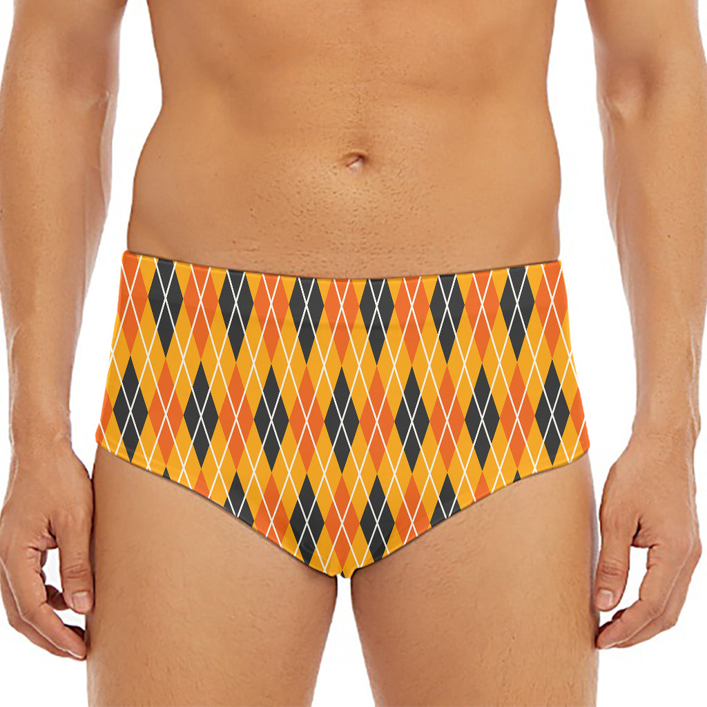 Orange Halloween Argyle Pattern Print Men's Triangle Swim Briefs