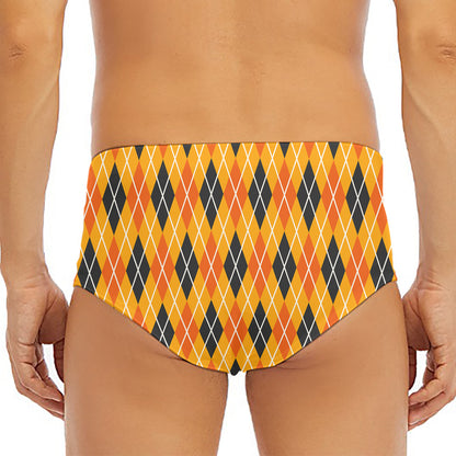 Orange Halloween Argyle Pattern Print Men's Triangle Swim Briefs