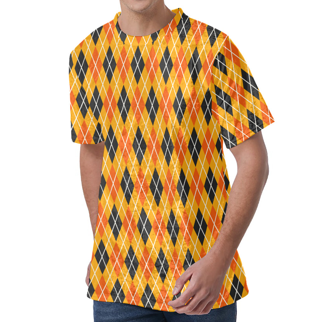 Orange Halloween Argyle Pattern Print Men's Velvet T-Shirt