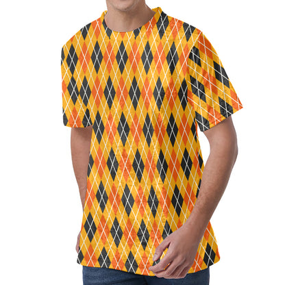 Orange Halloween Argyle Pattern Print Men's Velvet T-Shirt