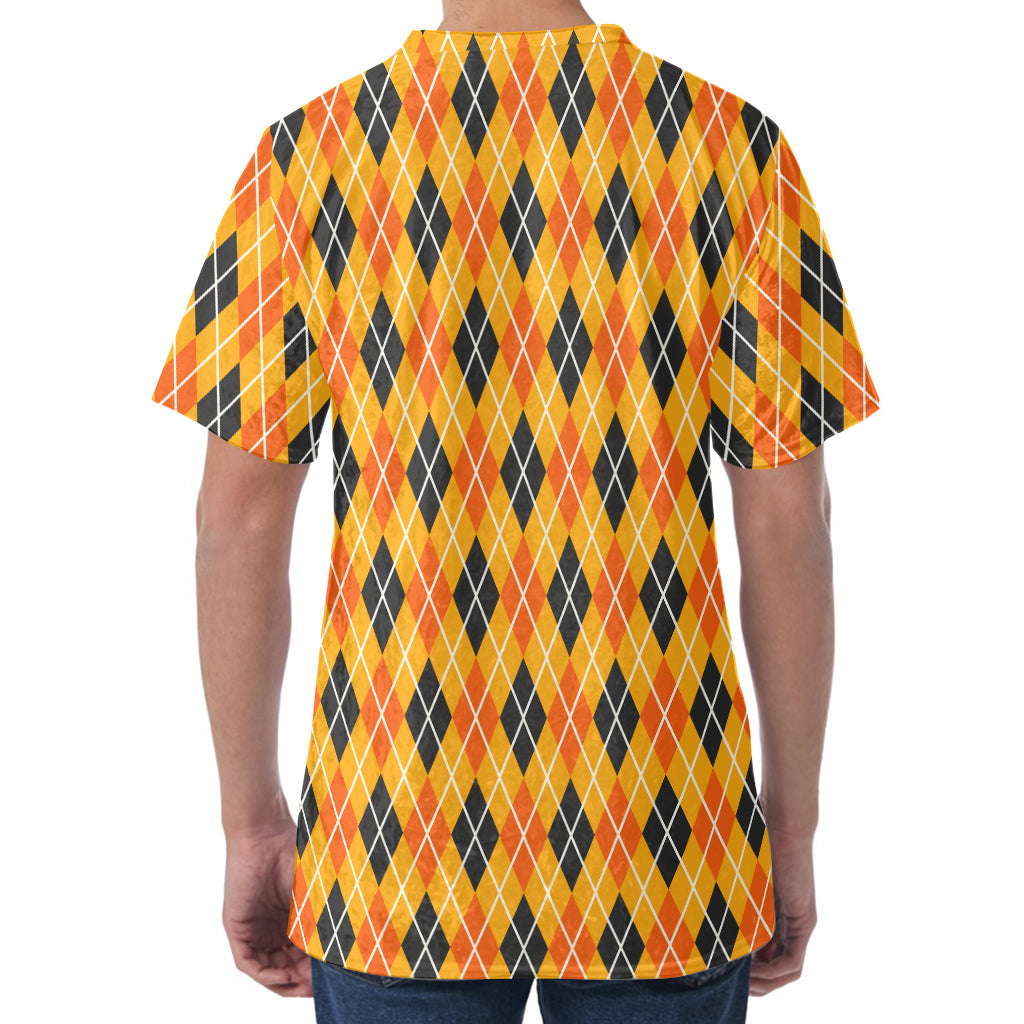 Orange Halloween Argyle Pattern Print Men's Velvet T-Shirt