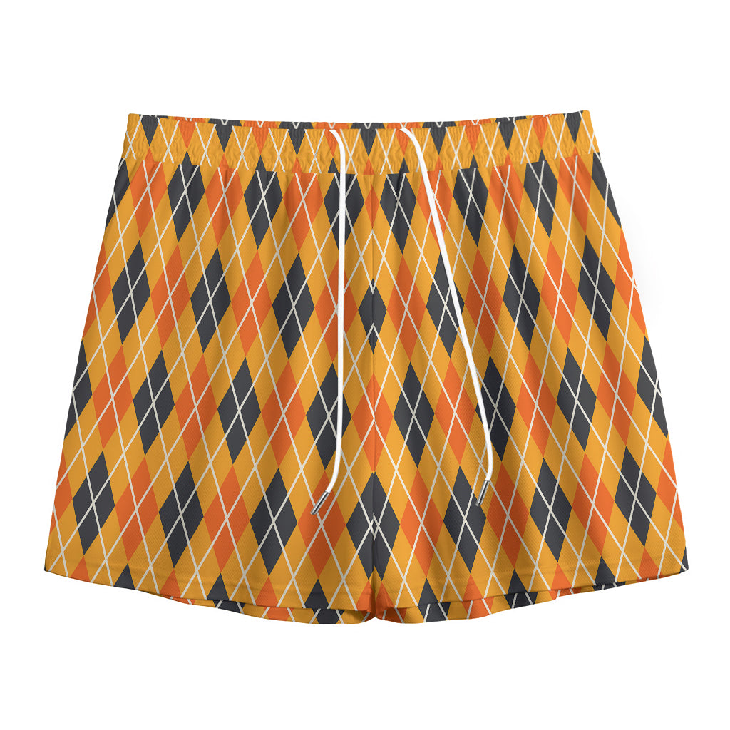 Orange Halloween Argyle Pattern Print Mesh Shorts