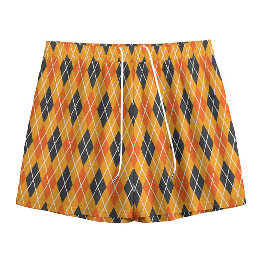 Orange Halloween Argyle Pattern Print Mesh Shorts