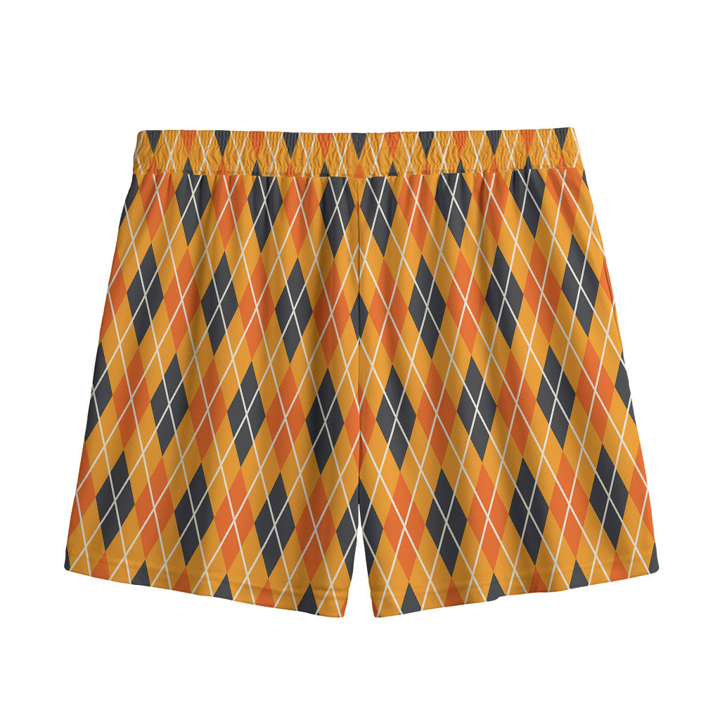 Orange Halloween Argyle Pattern Print Mesh Shorts