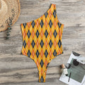 Orange Halloween Argyle Pattern Print One Shoulder Bodysuit