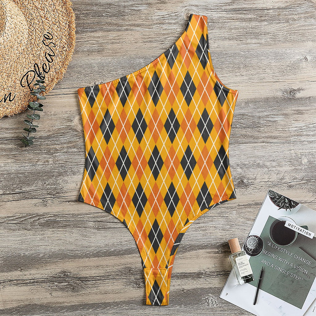 Orange Halloween Argyle Pattern Print One Shoulder Bodysuit