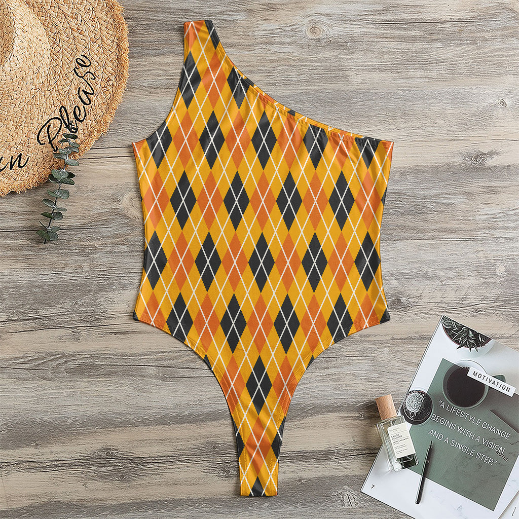Orange Halloween Argyle Pattern Print One Shoulder Bodysuit