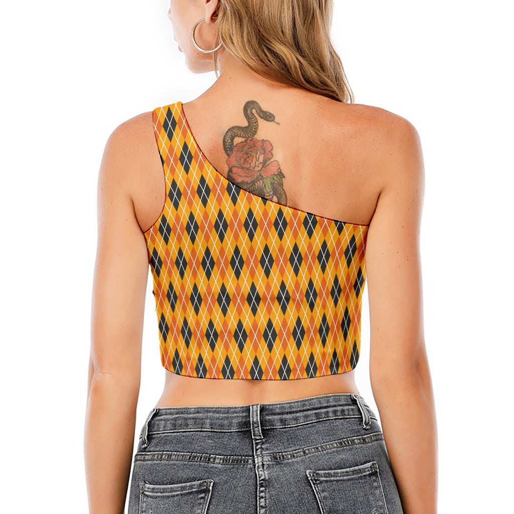 Orange Halloween Argyle Pattern Print One Shoulder Crop Top