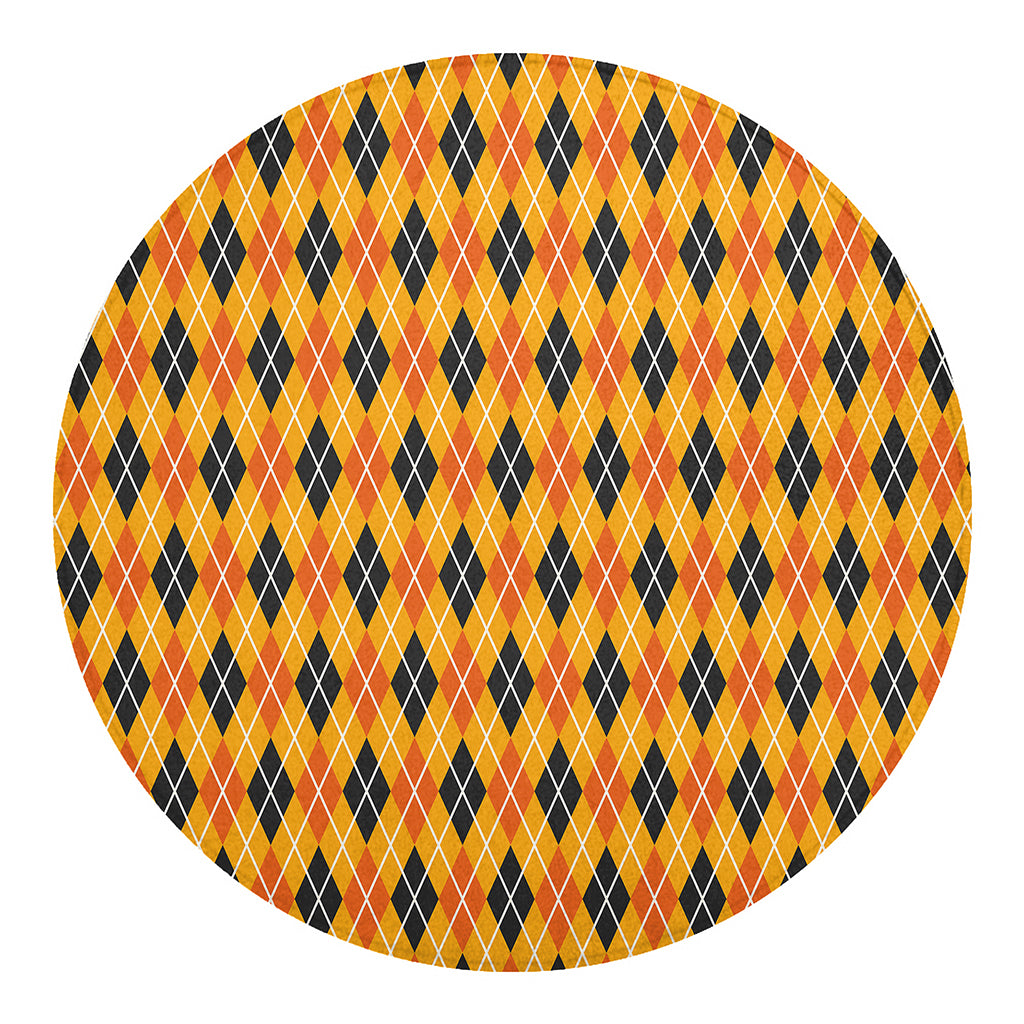 Orange Halloween Argyle Pattern Print Round Blanket