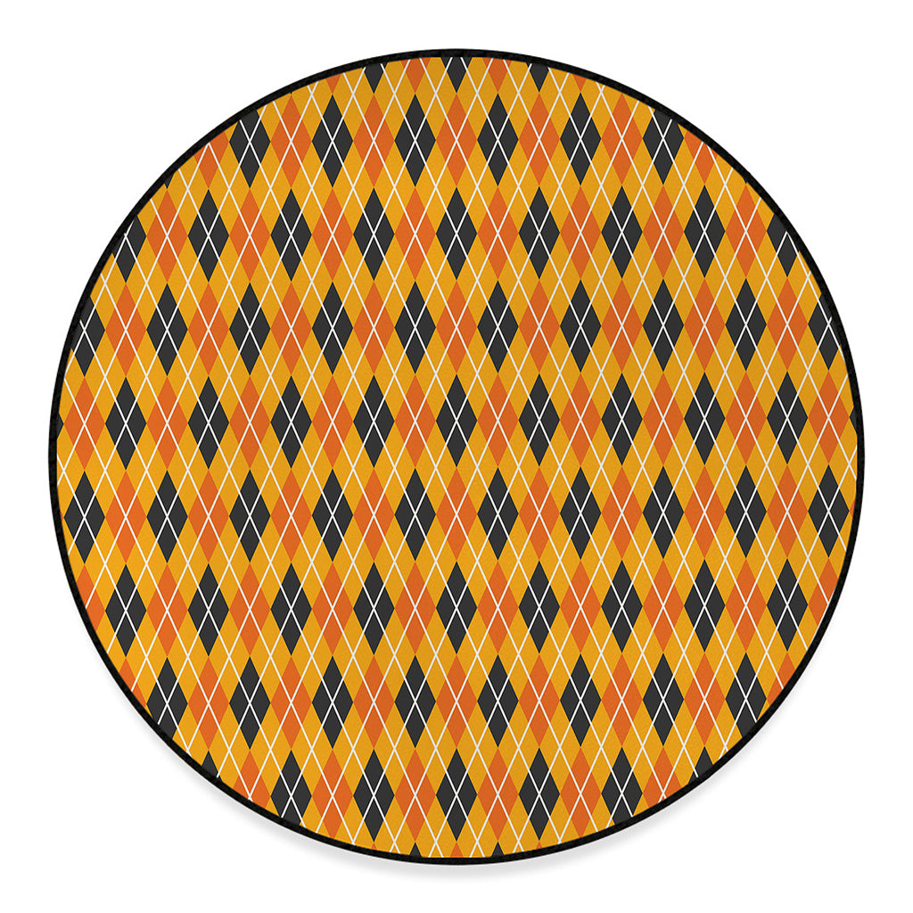 Orange Halloween Argyle Pattern Print Round Floor Mat