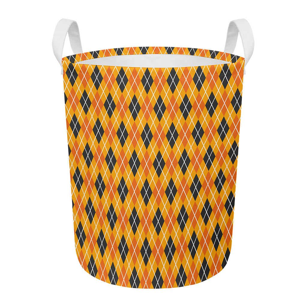 Orange Halloween Argyle Pattern Print Round Laundry Basket