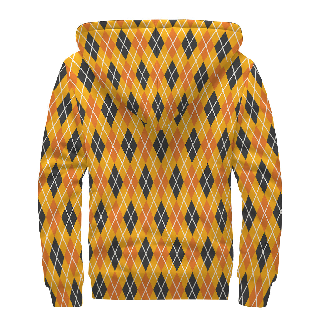 Orange Halloween Argyle Pattern Print Sherpa Lined Zip Up Hoodie
