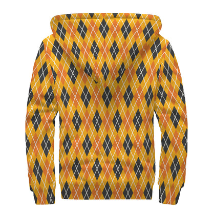 Orange Halloween Argyle Pattern Print Sherpa Lined Zip Up Hoodie