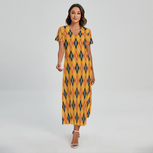 Orange Halloween Argyle Pattern Print Short Sleeve Maxi Dress