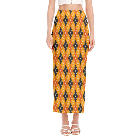 Orange Halloween Argyle Pattern Print Side Slit Maxi Skirt
