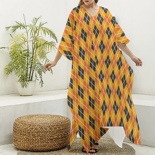 Orange Halloween Argyle Pattern Print Silk V-Neck Kaftan Dress