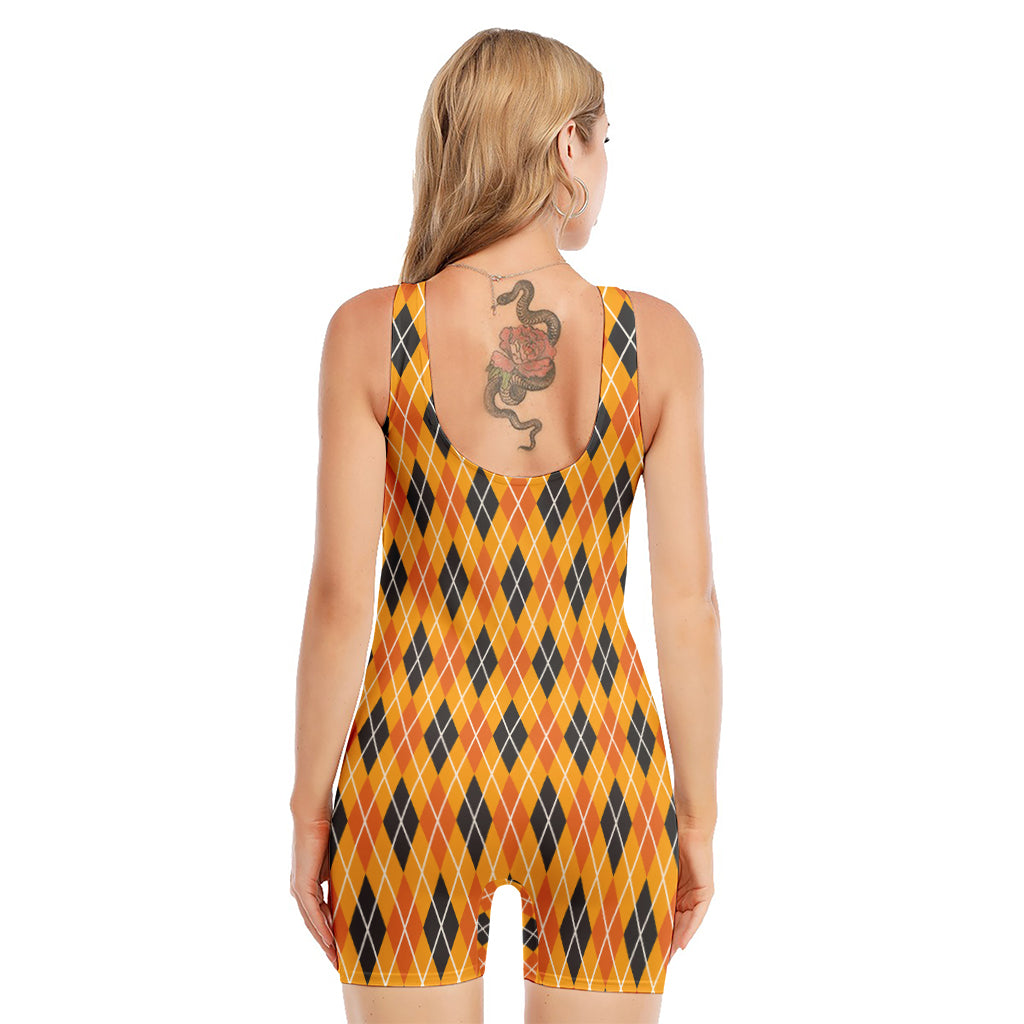 Orange Halloween Argyle Pattern Print Sleeveless One Piece Swimsuit