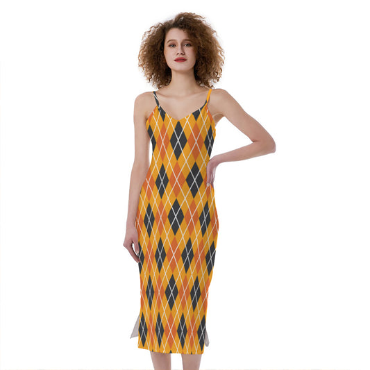 Orange Halloween Argyle Pattern Print Slim Fit Midi Cami Dress
