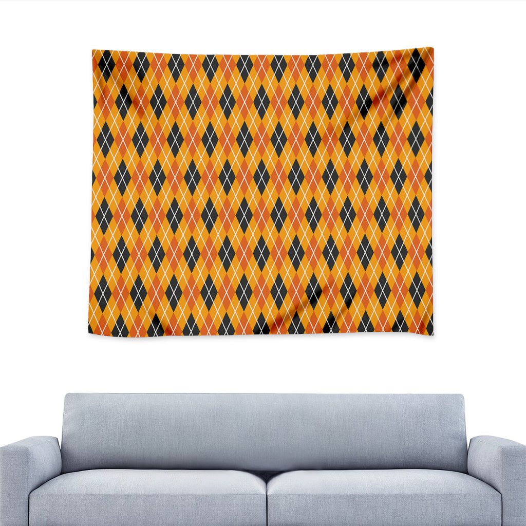 Orange Halloween Argyle Pattern Print Tapestry