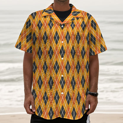 Orange Halloween Argyle Pattern Print Textured Short Sleeve Shirt