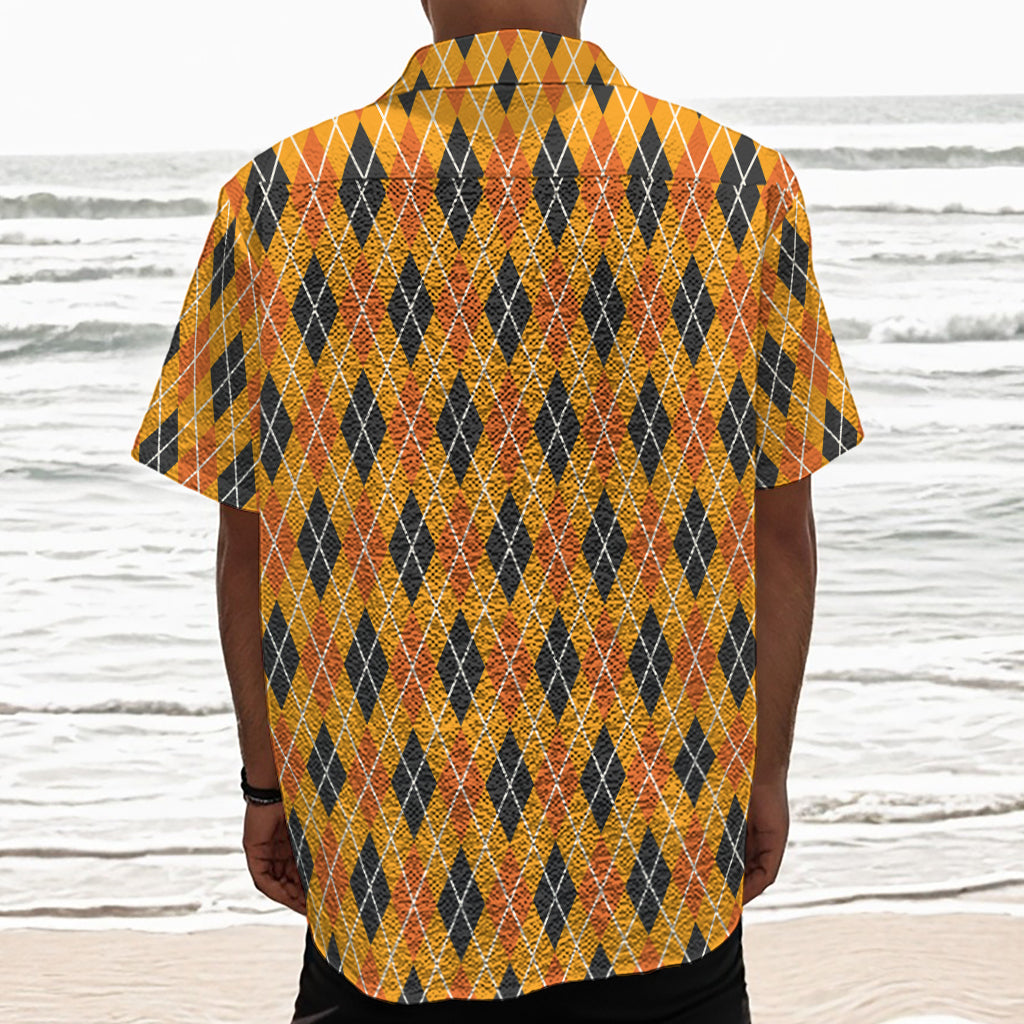 Orange Halloween Argyle Pattern Print Textured Short Sleeve Shirt