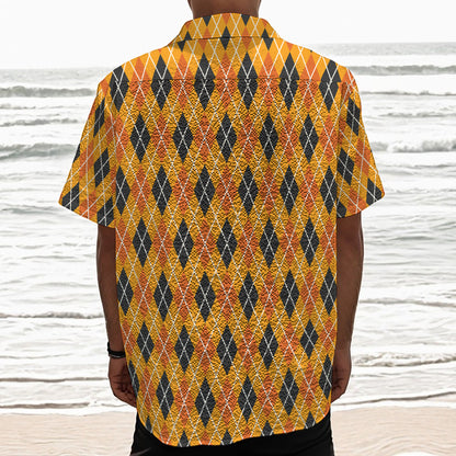 Orange Halloween Argyle Pattern Print Textured Short Sleeve Shirt