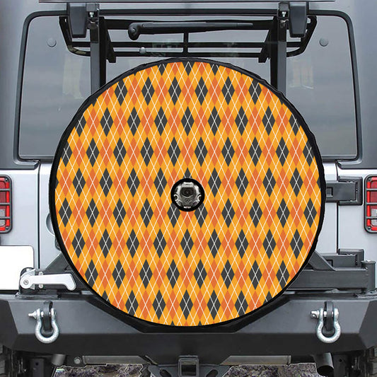 Orange Halloween Argyle Pattern Print Tire Cover With Camera Hole