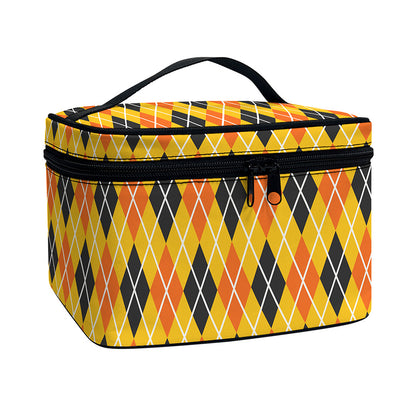 Orange Halloween Argyle Pattern Print Travel Makeup Bag