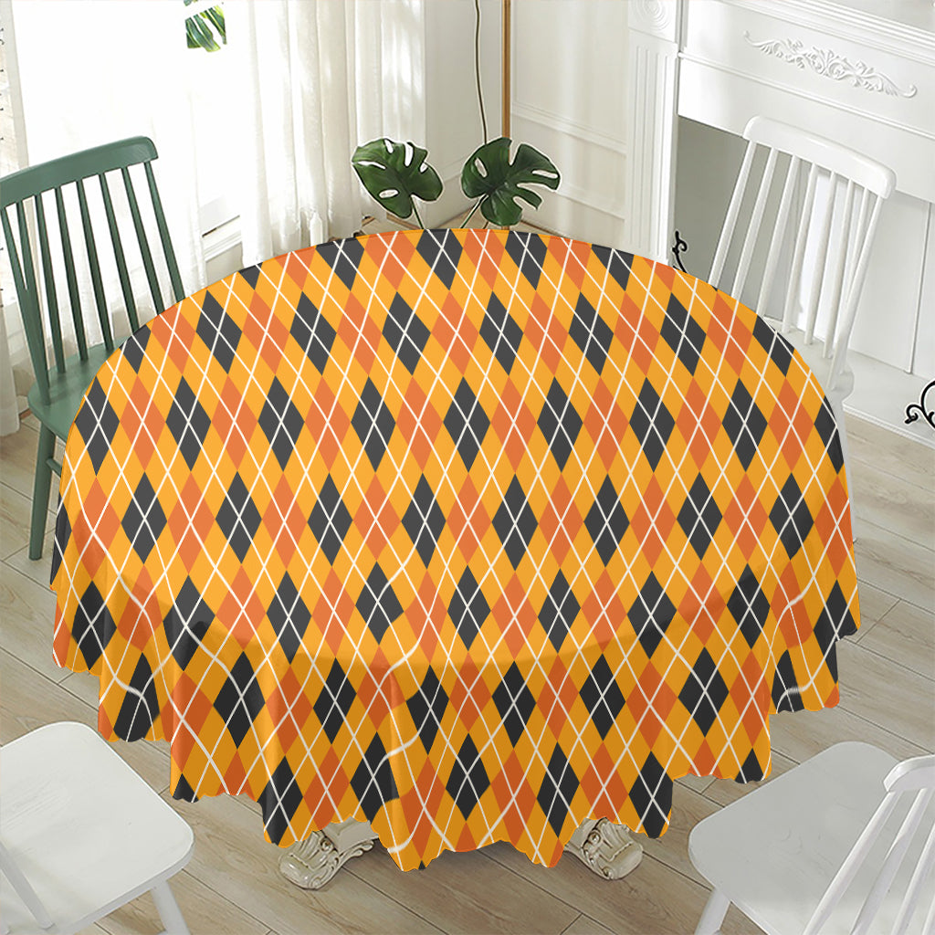Orange Halloween Argyle Pattern Print Waterproof Round Tablecloth