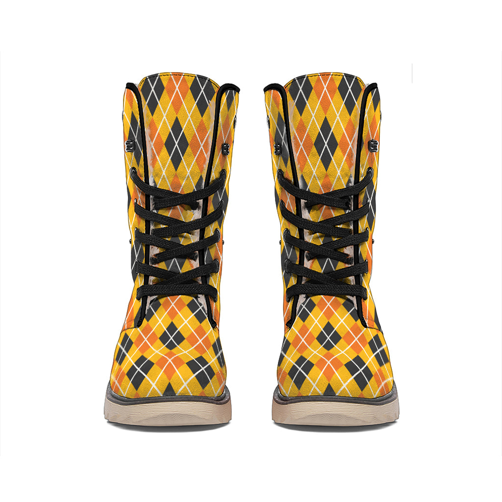 Orange Halloween Argyle Pattern Print Winter Boots