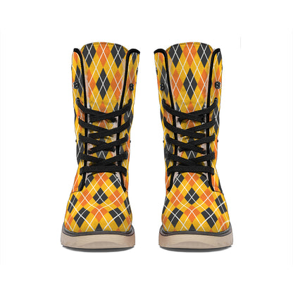 Orange Halloween Argyle Pattern Print Winter Boots
