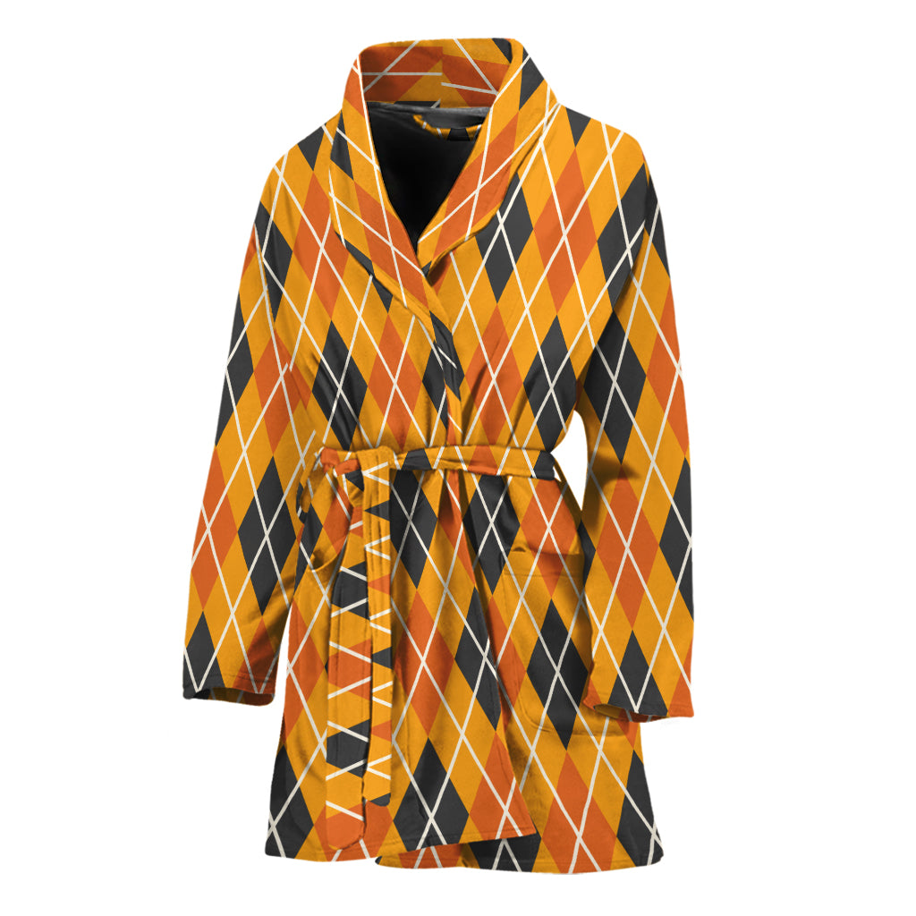 Orange Halloween Argyle Pattern Print Women's Bathrobe