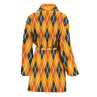 Orange Halloween Argyle Pattern Print Women's Bathrobe