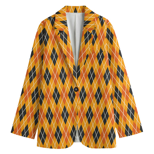Orange Halloween Argyle Pattern Print Women's Blazer