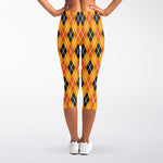 Orange Halloween Argyle Pattern Print Women's Capri Leggings