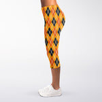 Orange Halloween Argyle Pattern Print Women's Capri Leggings