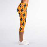 Orange Halloween Argyle Pattern Print Women's Capri Leggings