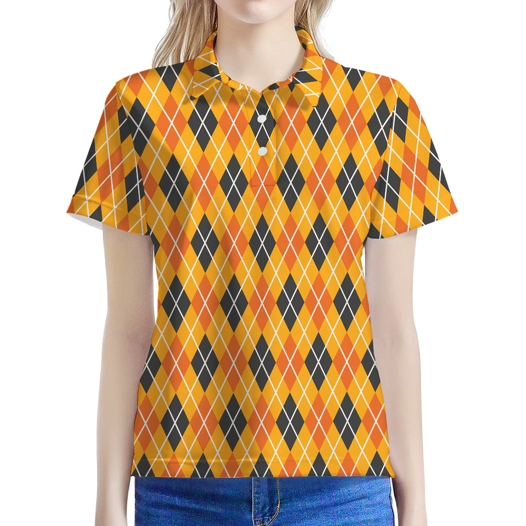 Orange Halloween Argyle Pattern Print Women's Polo Shirt