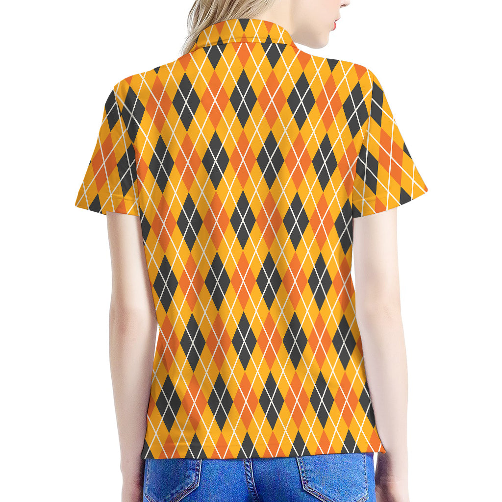 Orange Halloween Argyle Pattern Print Women's Polo Shirt