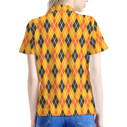 Orange Halloween Argyle Pattern Print Women's Polo Shirt