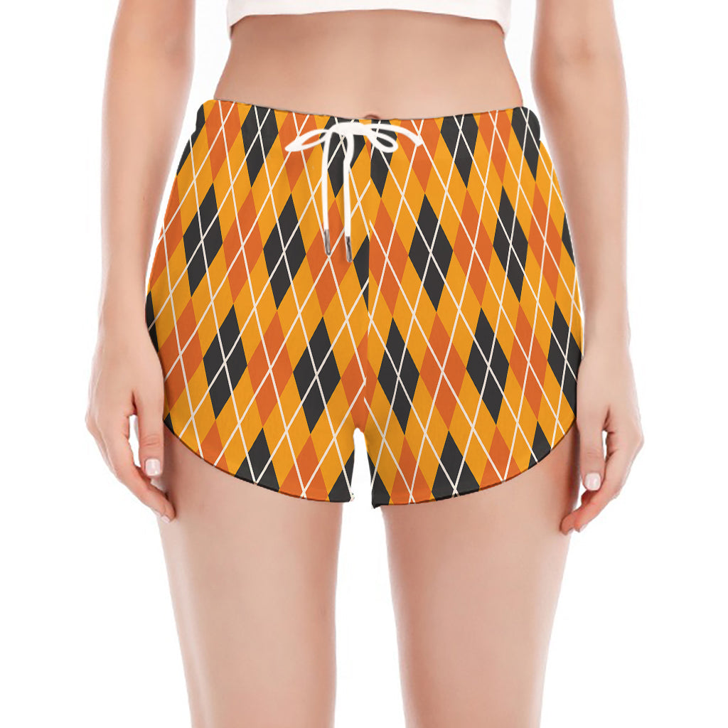 Orange Halloween Argyle Pattern Print Women's Split Running Shorts