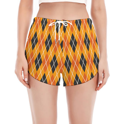 Orange Halloween Argyle Pattern Print Women's Split Running Shorts