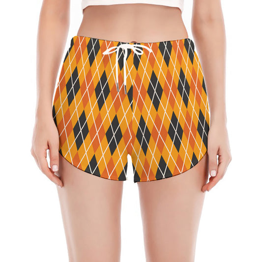 Orange Halloween Argyle Pattern Print Women's Split Running Shorts