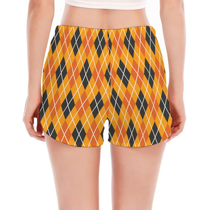 Orange Halloween Argyle Pattern Print Women's Split Running Shorts