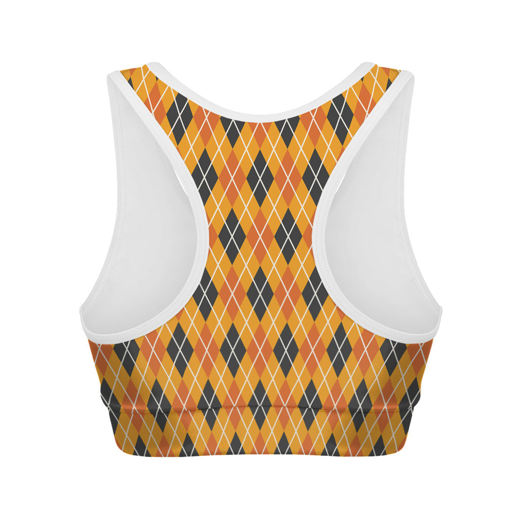 Orange Halloween Argyle Pattern Print Women's Sports Bra