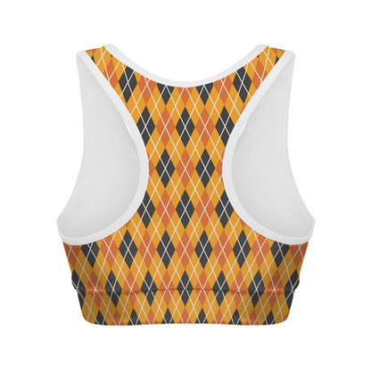 Orange Halloween Argyle Pattern Print Women's Sports Bra