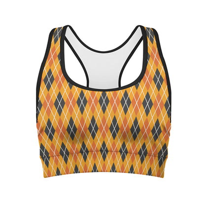 Orange Halloween Argyle Pattern Print Women's Sports Bra