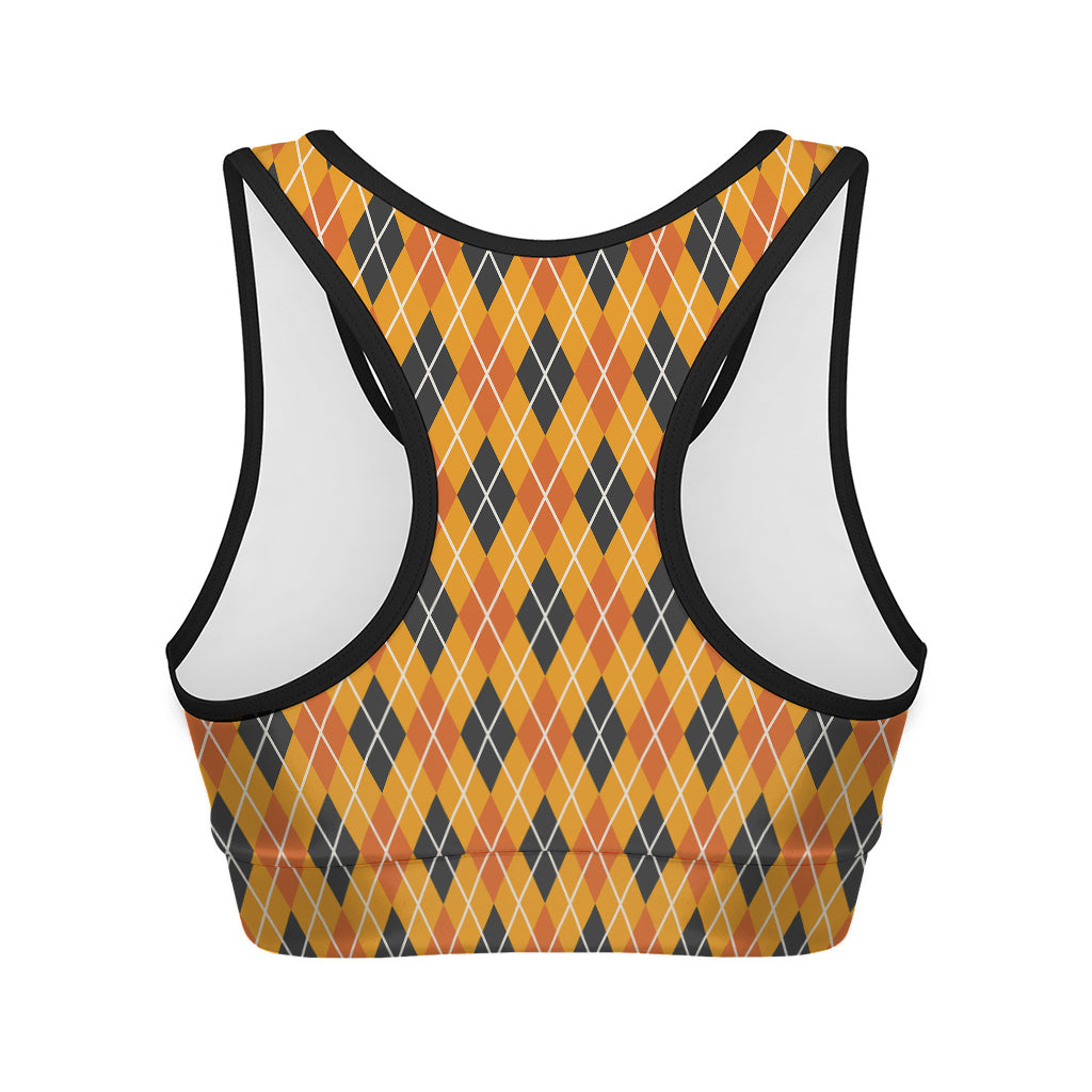 Orange Halloween Argyle Pattern Print Women's Sports Bra