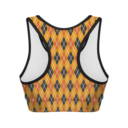 Orange Halloween Argyle Pattern Print Women's Sports Bra